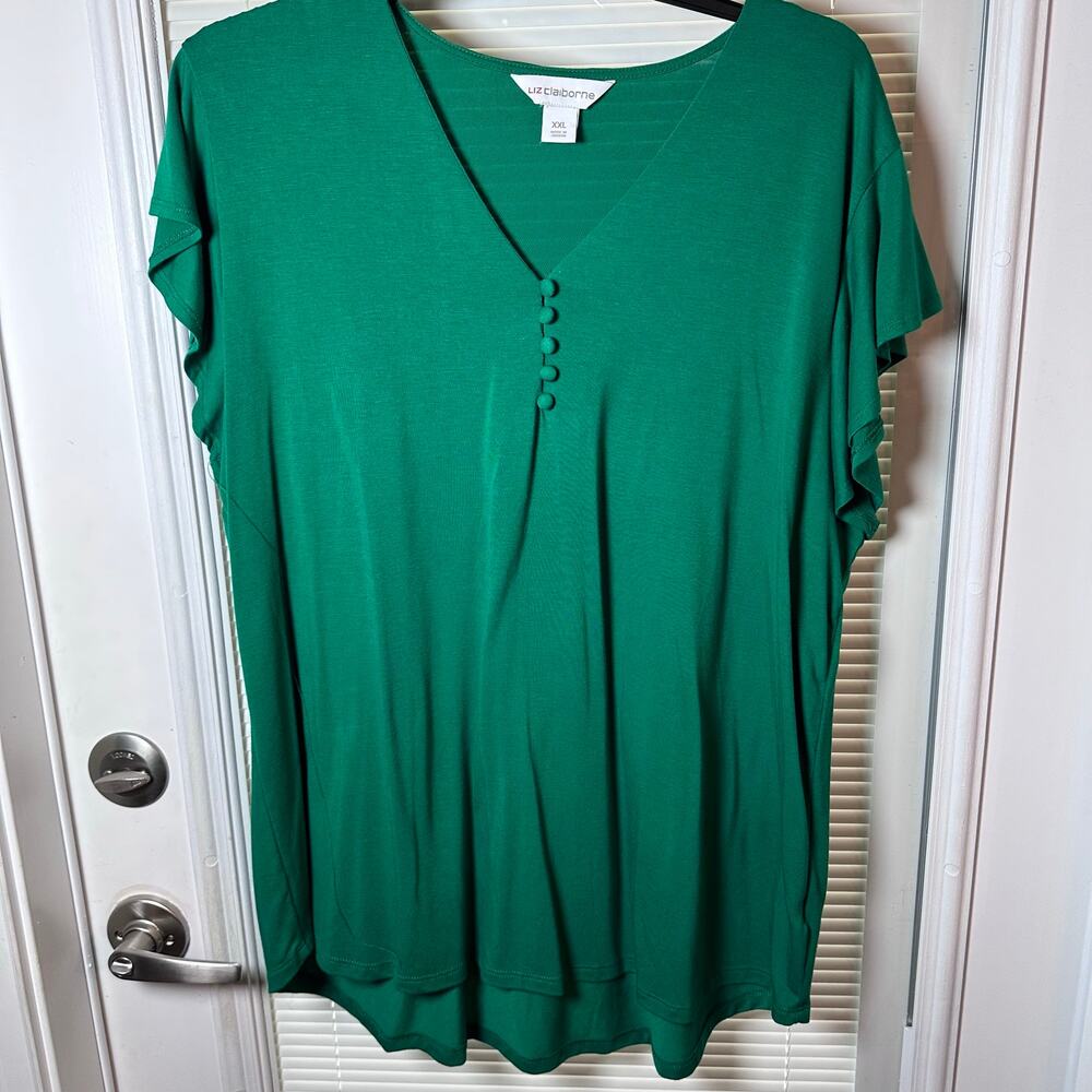 Liz Claiborne Emerald Green V-Neck XXL Flutter Sleeve Blouse w Button-Accent
